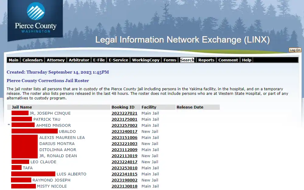 A screenshot of the Pierce County Washington Legal Information Network Exchange (LINX) page shows the list of inmates with their full name, booking ID, facility and release date, and links to ID numbers to view more information about each offender.