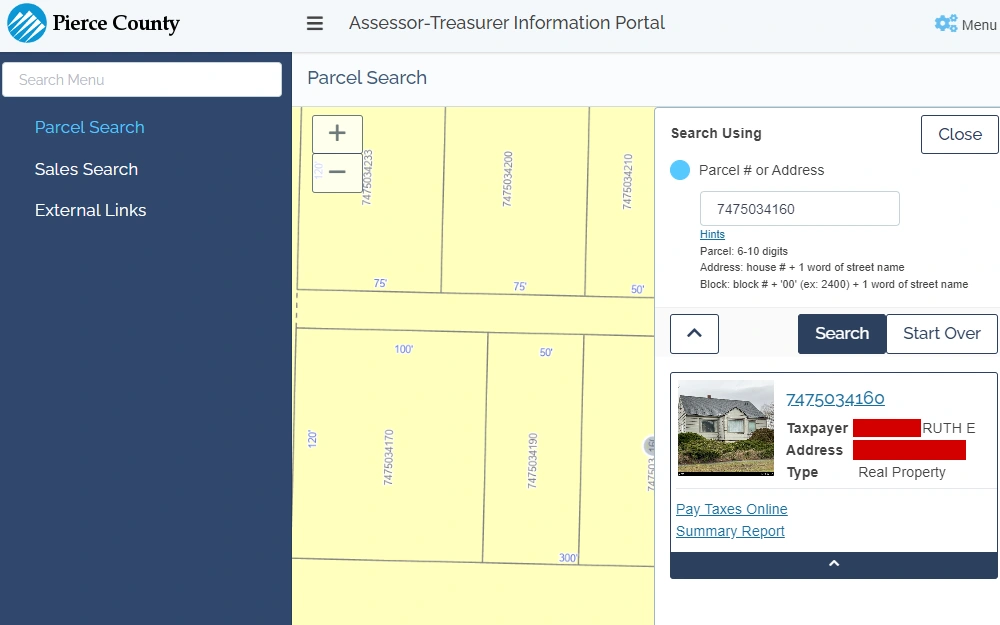 A screenshot of the property search page from the Pierce County Assessor's Treasurer Information Portal, including the map and property information.