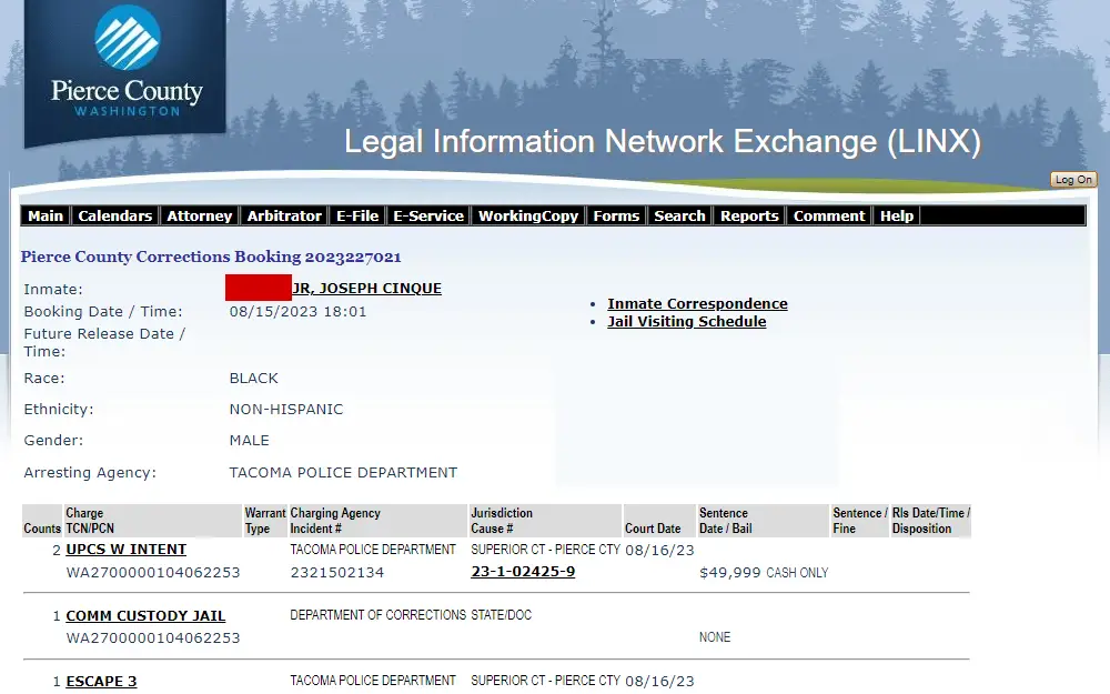 A screenshot of the Pierce County Washington Legal Information Network Exchange (LINX) page shows the inmate details, including full name, booking date, race and ethnicity, gender, arresting agency and charge information.
