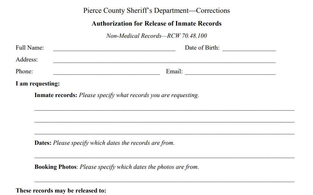 A screenshot from the Pierce County Sheriff's Department page shows the form for authorization to release inmate information, including the needed fields to complete the request.