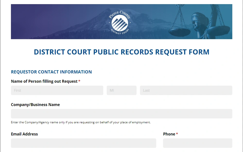 A screenshot of the Pierce County District Court page shows the online Public Records Request Form with the required fields to complete the request, including the district court logo at the top.