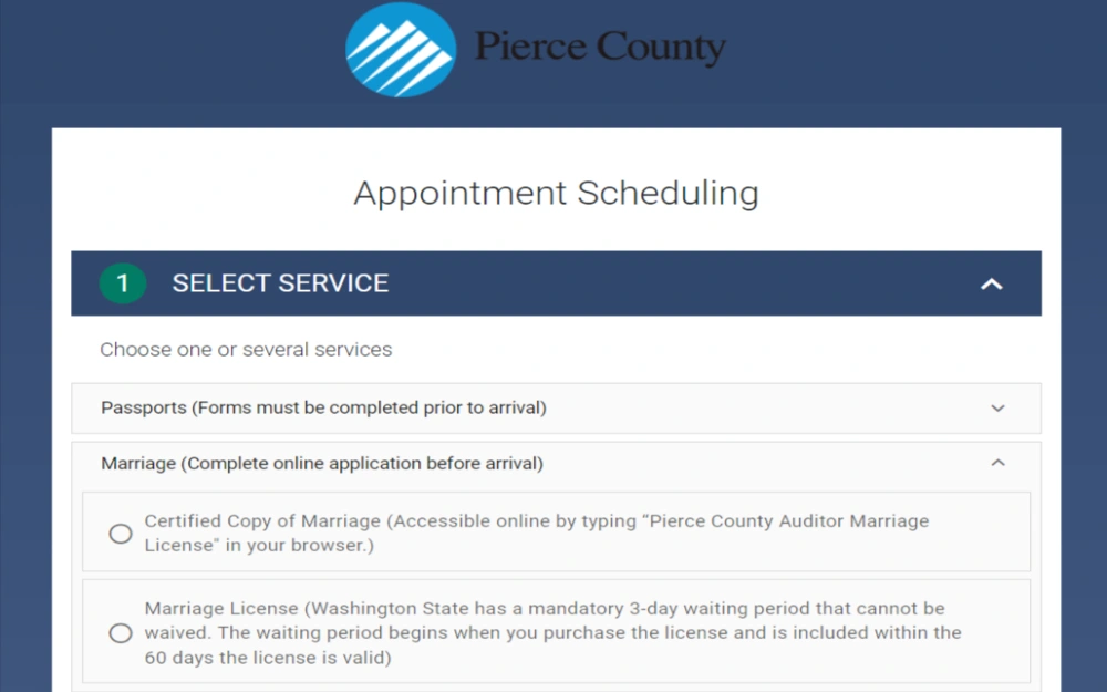 A screenshot showing an online appointment scheduling displaying a selection for service such passports, marriage services which are certified copy of marriage and marriage license from the Pierce County Washington website.