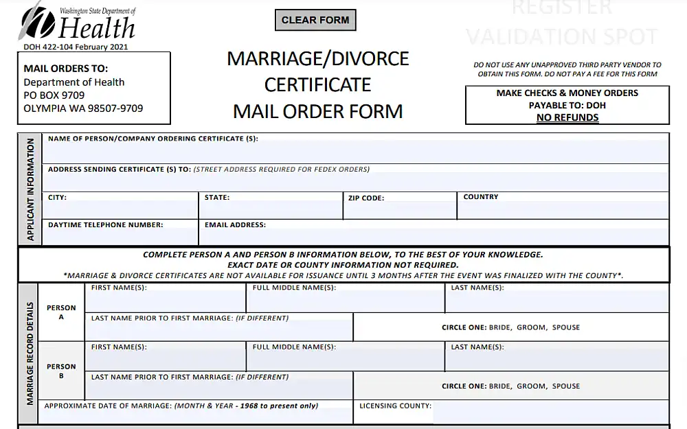 A screenshot displaying a marriage or divorce certificate mail order form requiring the applicant's information such as name, address, city, state, ZIP code, country, daytime telephone number, email address and marriage document details.