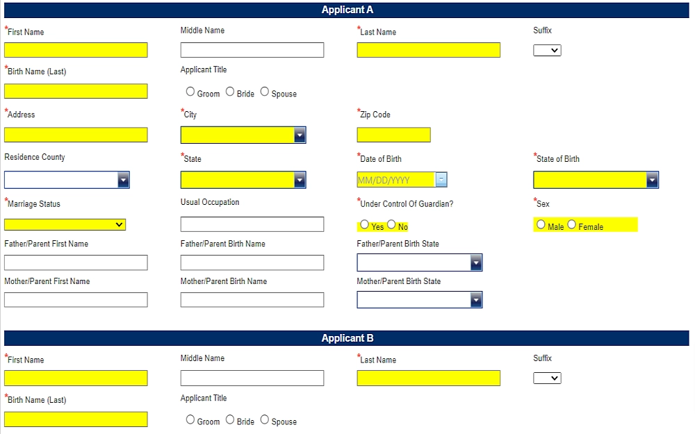 A screenshot displaying an online application requiring some information such as first, middle and last name, birth name, applicant title, address, city, ZIP code, residence country and others.