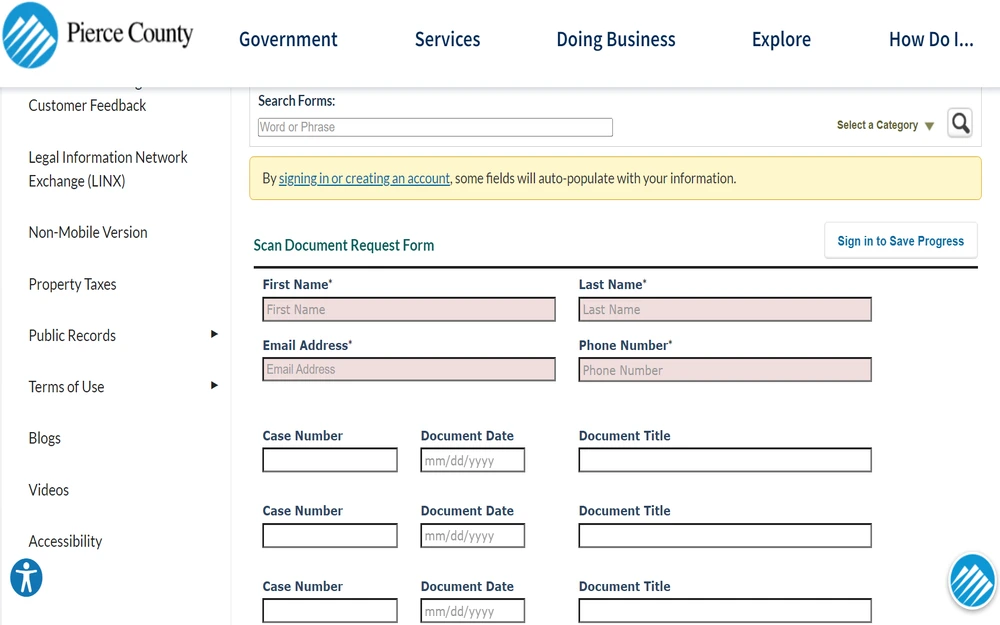 A screenshot of online form titled 'Scan Document Request Form', which includes fields for personal details such as first name, last name, email address, phone number, and sections to enter case numbers, document dates, and titles for county government records.
