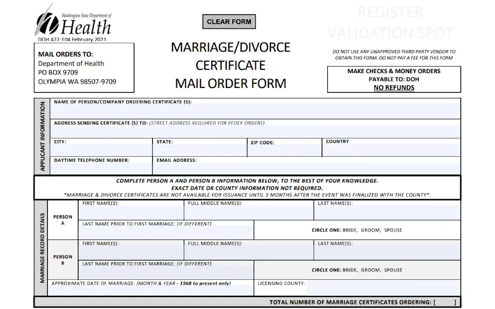 A screenshot of mail order form for requesting a personal certificate from a state health department, with fields for the applicant's contact information, the names of the individuals on the certificate, and a section to specify the quantity of documents requested.