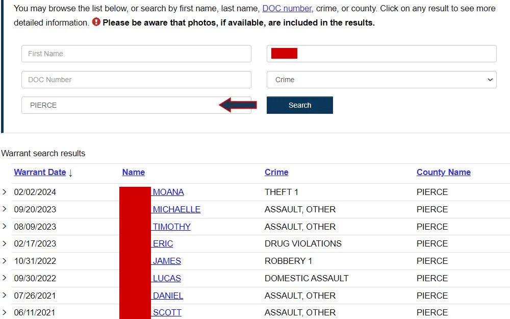 Screenshot of the search results for warrants from the Washington State Department of Corrections, displaying the input fields for first name, last name, DOC number, crime, and county, followed by the table of results listing the following details: warrant number, name, crime, and county name.