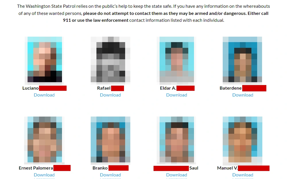 A screenshot of eight out of the thirty most wanted individuals posted by the Washington State Patrol displays their mugshots, names, and links directing to more details about them, with a note at the top about contacting the department if any information is available.